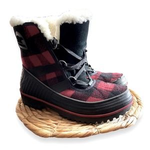 Sorel Trivoli III Red Dahlia buffalo plaid winter snow boots women